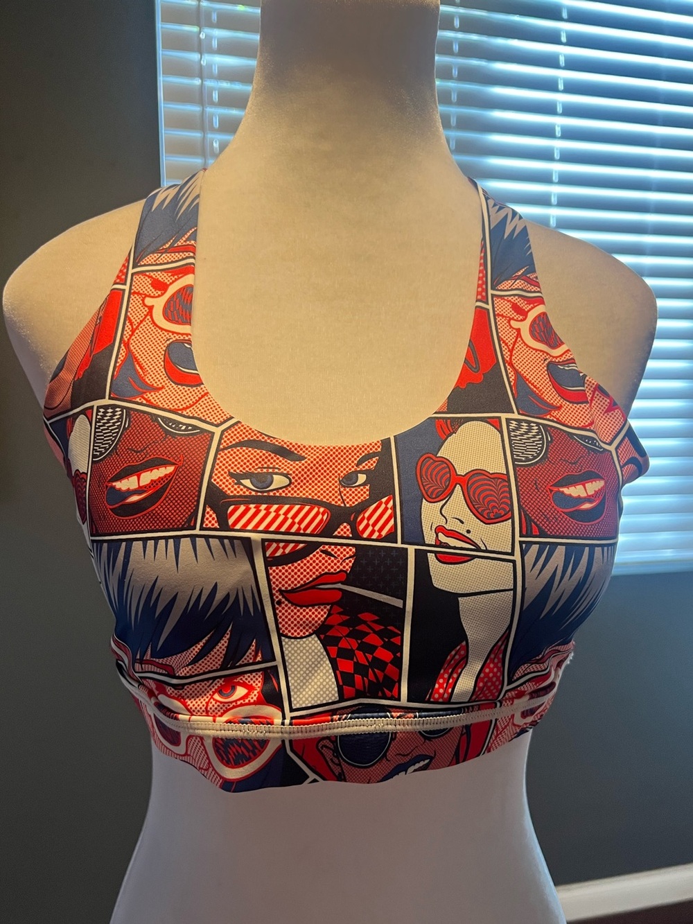 Pop Art Comic Print Sports Bra - Red, Blue, Black. Size med/Large